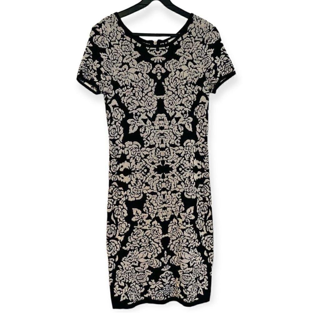 Carmen Marc Valvo Black/Ivory Jacquard Stretchy Dress Size Small